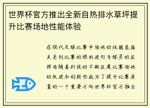 世界杯官方推出全新自热排水草坪提升比赛场地性能体验